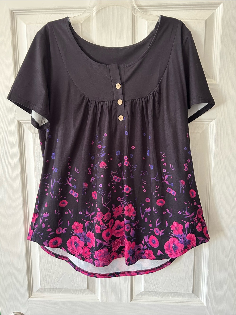 Black Scoop Neck Floral Hem Women's Top